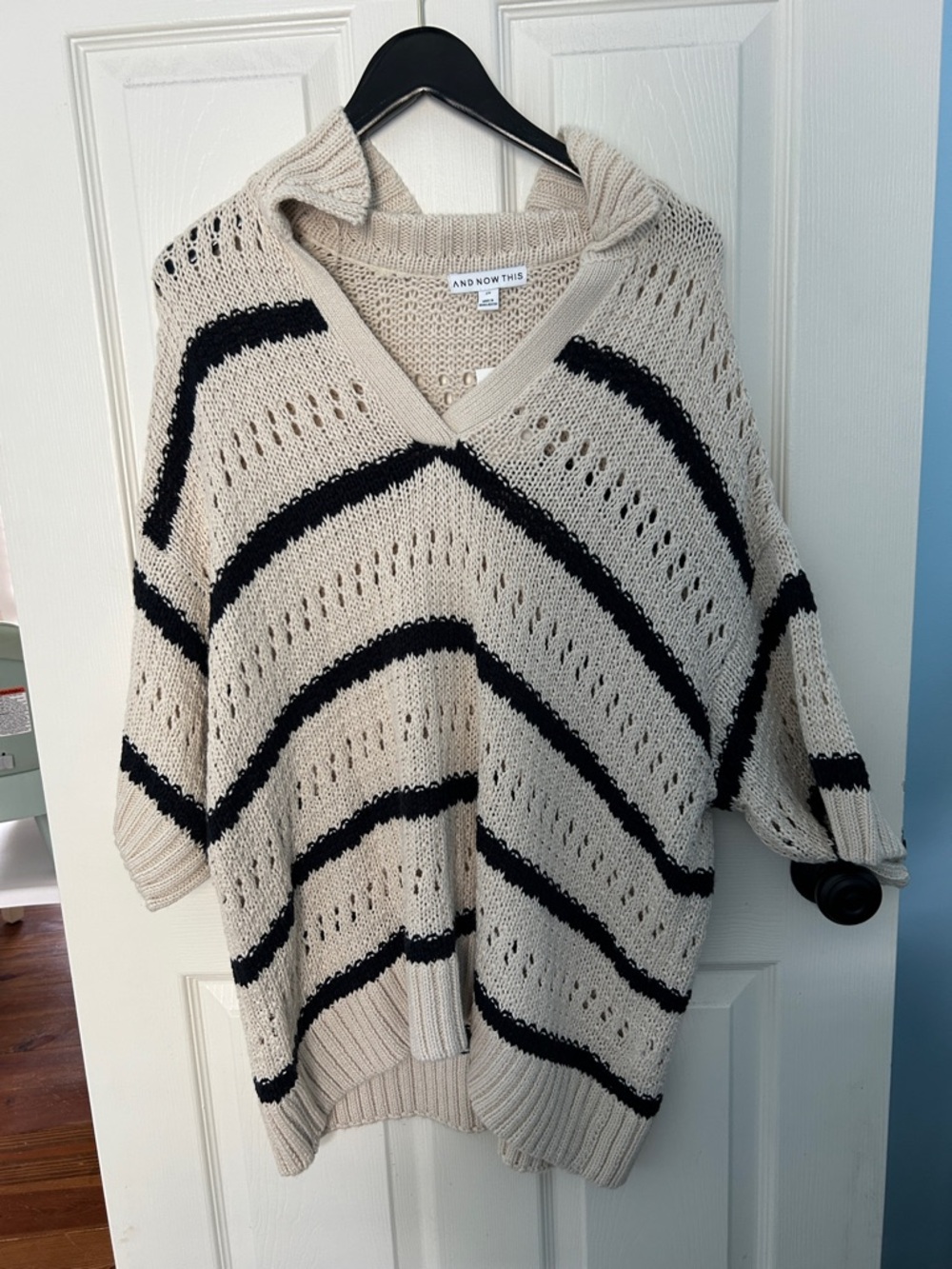 AND NOW THIS Cream & Black Striped V-Neck Open-Knit Sweater
